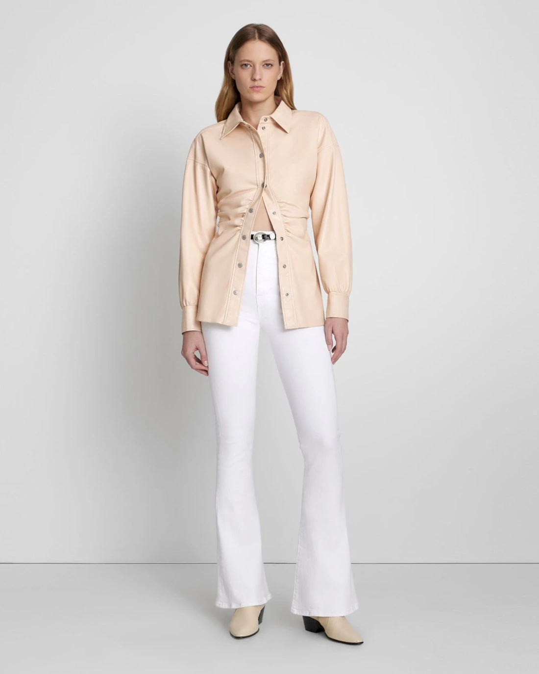 7 For All Mankind Faux Leather Cinched Waist Button Up Shirt In Nude 4 7 For All Mankind Faux Leather Cinched Waist Button Up Shirt In Nude - Image 2