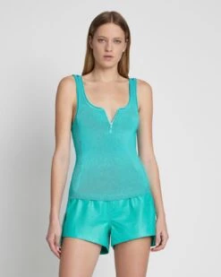 7 For All Mankind High Shine Quarter Zip Ribbed Tank In Atlantis