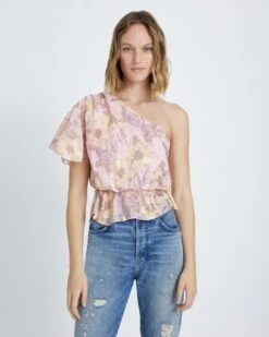 7 For All Mankind One Shoulder Silk Ruffle Blouse In Blush