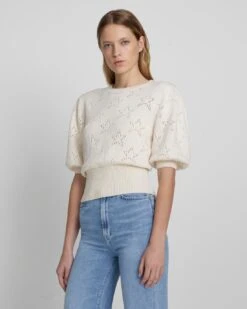 7 For All Mankind Puff Sleeve Pointelle Sweater In Antique White Star